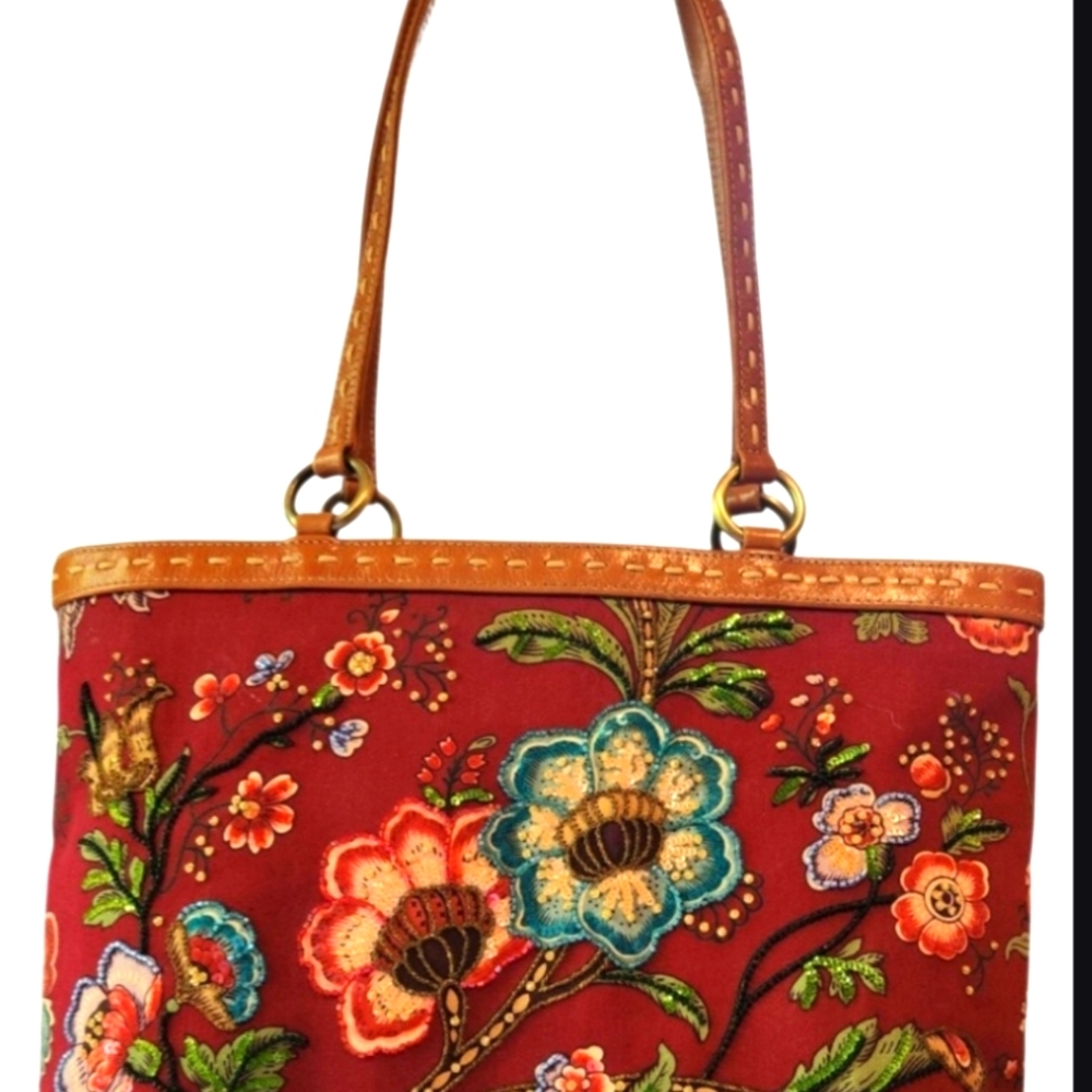 Red and Brown Floral Shoulder Bag with Vintage Charm